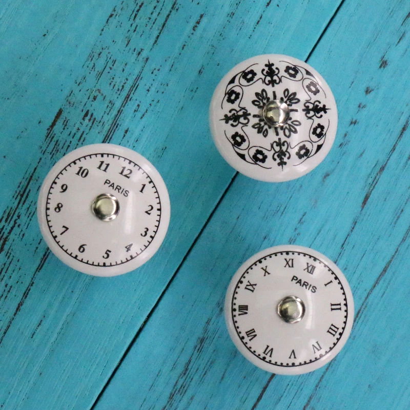 

1x Creative Clock Design Cabinet Handles and Knobs Euro-Style Furniture Knob White Ceramic Drawer Cupboard Door Handle Pulls