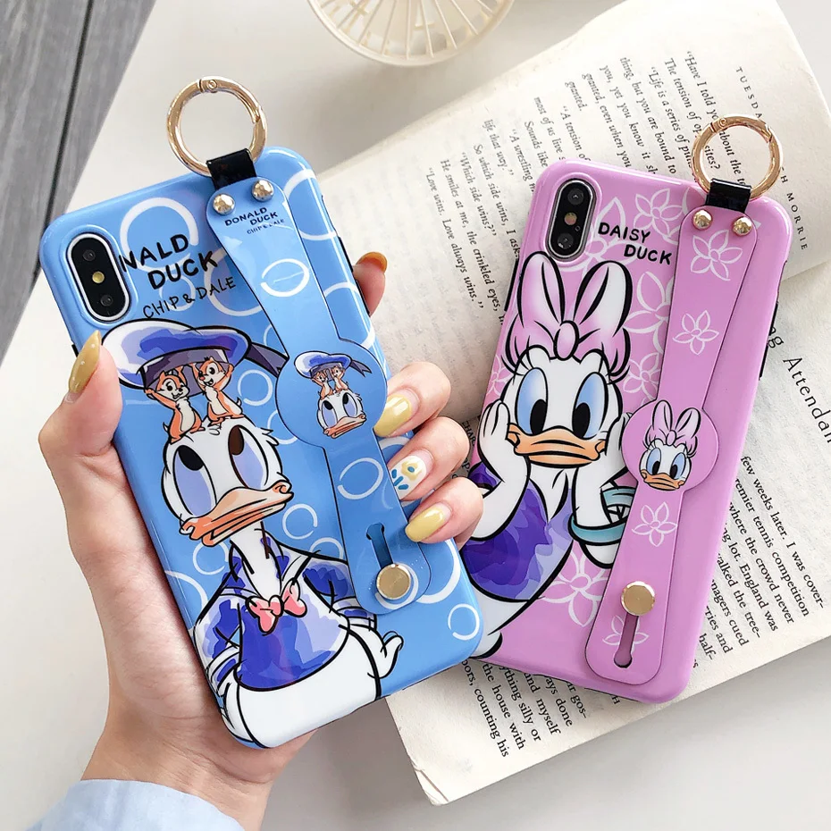 Donald Daisy Duck Case for iPhone 7 8 6 6S Plus Cute Cartoon Wrist Strap Bracket Phone Cover for iPhone XS Max XR X Case Funda