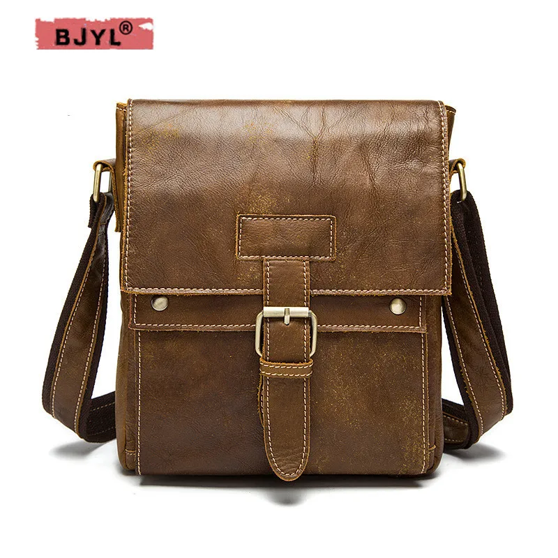 

BJYL Genuine leather Men bag Korean version of the retro men shoulder bag head layer of leather vertical paragraph Messenger Bag