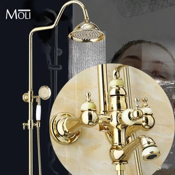 

Bathroom Rain Shower Faucets Gold Brass Bathroom Shower Mixer Tap Faucet Set Head Round Wall Mounted Bathtub Faucet MOS2008