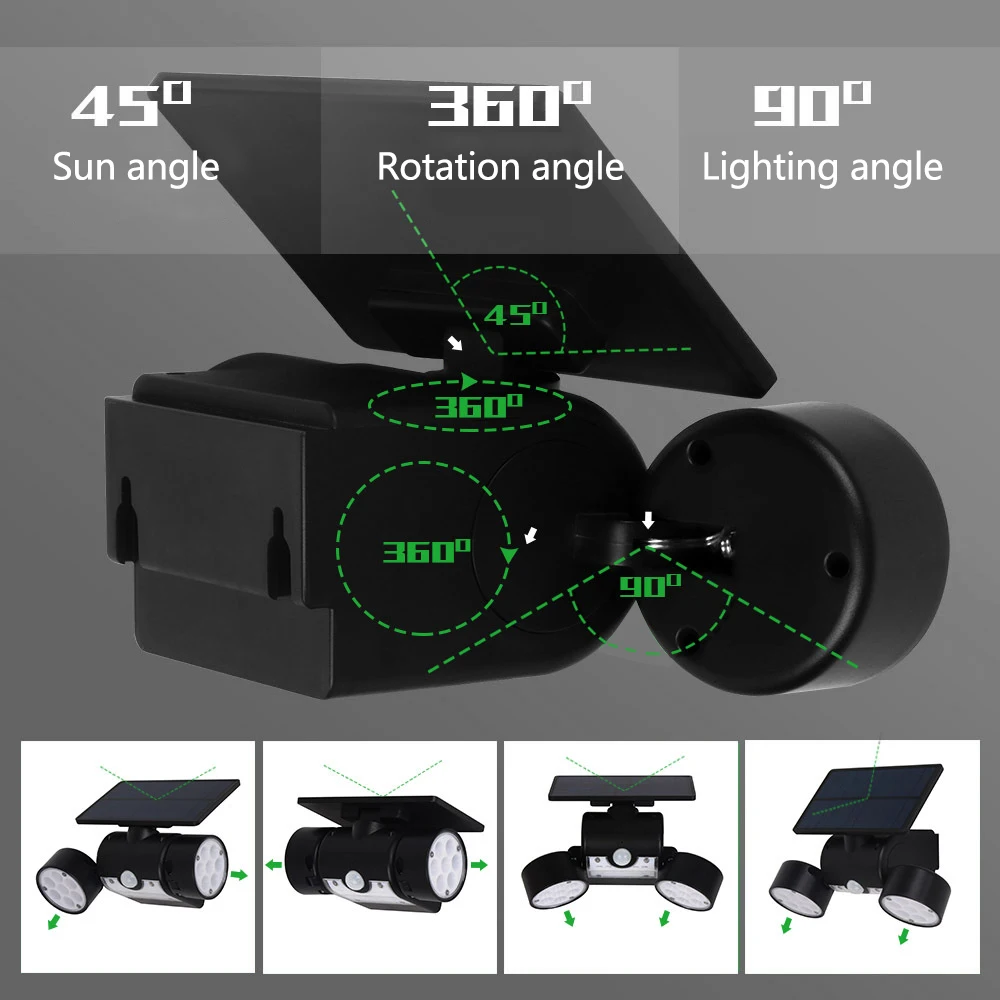 Светодиодный светильник на солнечной батарее с датчиком движения, настенный светильник с двойной головкой, Точечный светильник, водонепроницаемый садовый светильник, уличный светильник для крыльца