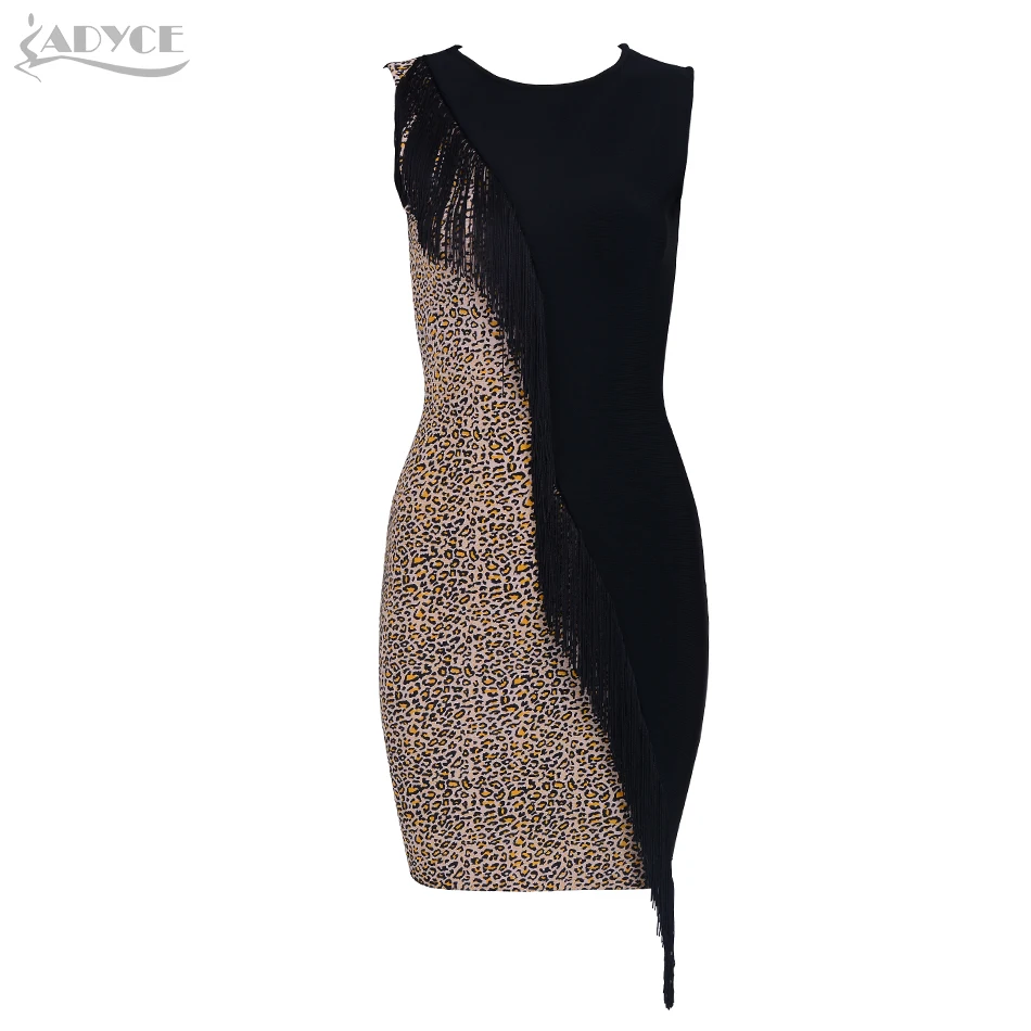 

Adyce 2019 Summer Bandage Dress Women Vestidos Sexy Leopard Fringe O-Neck Tank Dress Mini Tassels Celebrity Evening Party Dress