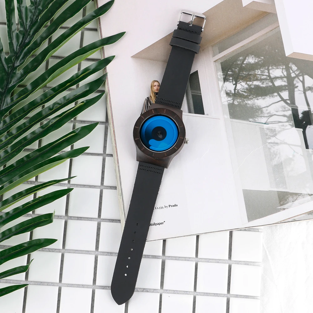 YISUYA Blue Turntable Men's Bamboo Wooden Wrist Watch Women Unisex Quartz Novel Wood Clock Genuine Leather Band Strap Watch Gift (11)