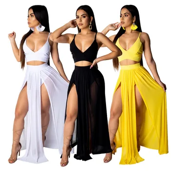 

New Summer Beach Dresses Women 2 Piece Sets Sexy Halter Crop Top and Skirt Set High Split Chiffon Two Piece Maxi Dress Outfits