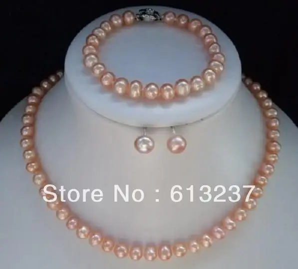 

hot free Shipping new 2014 Fashion Style diy Beautiful! 8-9mm Pink Akoya Pearl Necklace Bracelet Earring 1 Sets YE4005