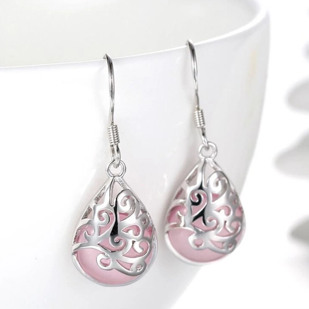

2016 new Silver plated earrings pink opal white moon high quality ladies fashion jewelry earrings retro love Trevi Fountain