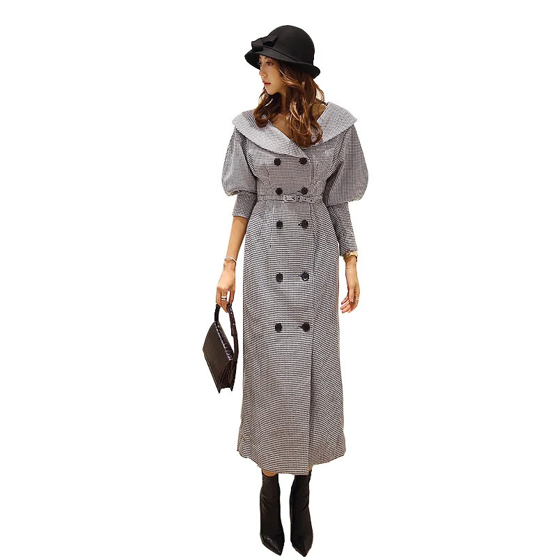 

Houndstooth Women Long Trench Coat 2018 Fashion Autumn Winter Tweed Blends Wool Plaid Slim Double Breasted Overwear With Belt