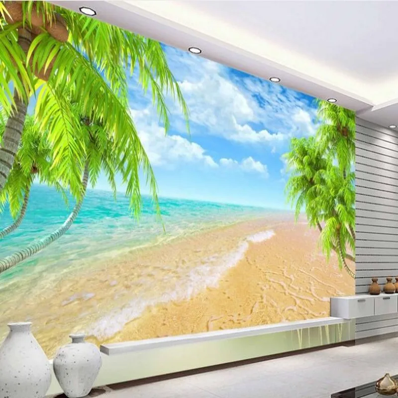 

wellyu Custom big fresco refreshing summer Hawaii blue sky sea beach coconut 3D TV backdrop wallpaper papel de parede