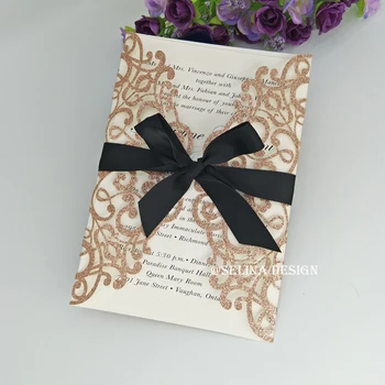 

Champagne/Gold/Blue/Black/Silver Glitter Flowr Laser Cut Invitations For Wedding Bridal Shower Quinceanera Graduation with Bow