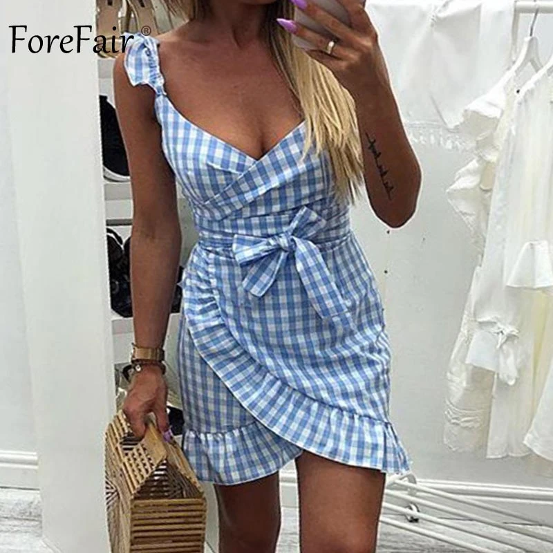 Forefair Vintage Plaid Dress Summer Mini Sexy Bodycon Ruffle  (4)