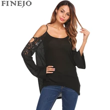 FINEJO Sexy Spaghetti Strap Lace Patchwork T-Shirt Cold Off the Shoulder Long Flare Sleeve Fashion Women Tees T-Shirts Tops burgundy cold shoulder lace up t shirt