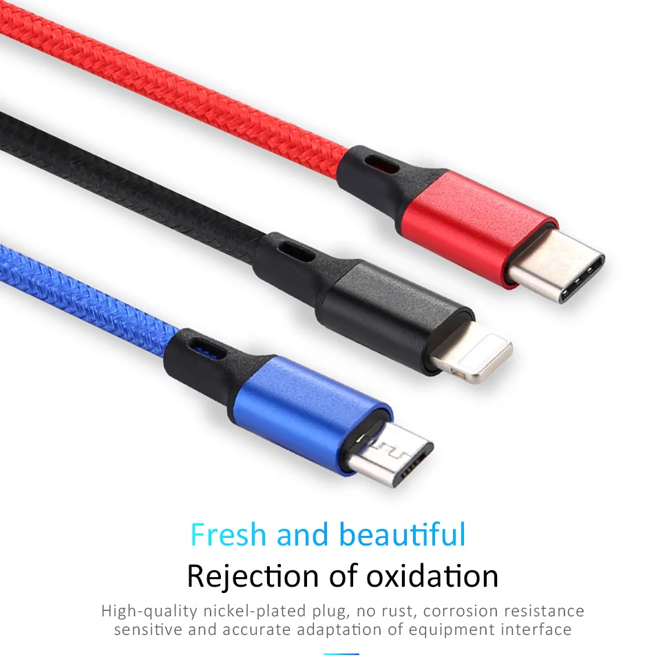 NOHON Nylon 3 In 1 Lighting Charger Cable For iPhone X 7 8 6 Plus Micro USB Type C For Samsung Xiaomi 5 Universal Fast Charging (3)