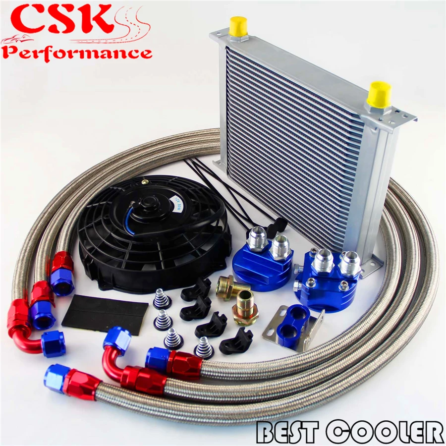 30 Row 10AN Universal engine Transmission Oil Cooler kit + 7" Electric