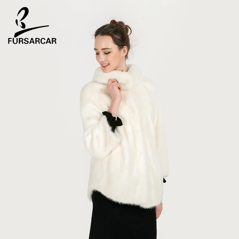 FURSARCAR White Mink Fur Coat Thick Warm Fur Real Full Pelt Mink Fur Women Winter Coat Short Style Three Quarter Coats BF-C0483 FURSARCAR White Mink Fur Coat Thick Warm Fur Real Full Pelt Mink Fur Women Winter Coat Short Style Three Quarter Coats BF-C0483