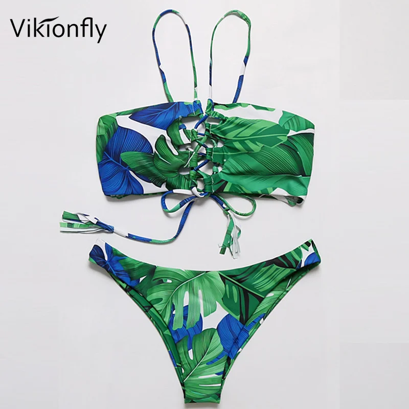 

Vikionfly New 2019 Sexy Tropical Brazilian Bikini Swimwear Women Printed Green Leaf Bandeau Bikini Swimsuit Push Up Bathing Suit