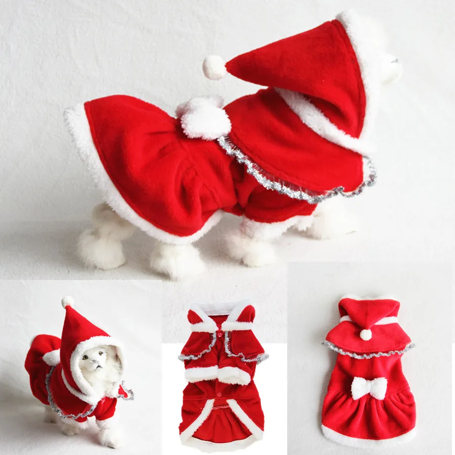 Pet Рождественская одежда для собаки платье для кошек куртка Теплые Зимние Пальто кофта с капюшоном для домашнего животного верхняя одежда с рождественской шляпой и бантом