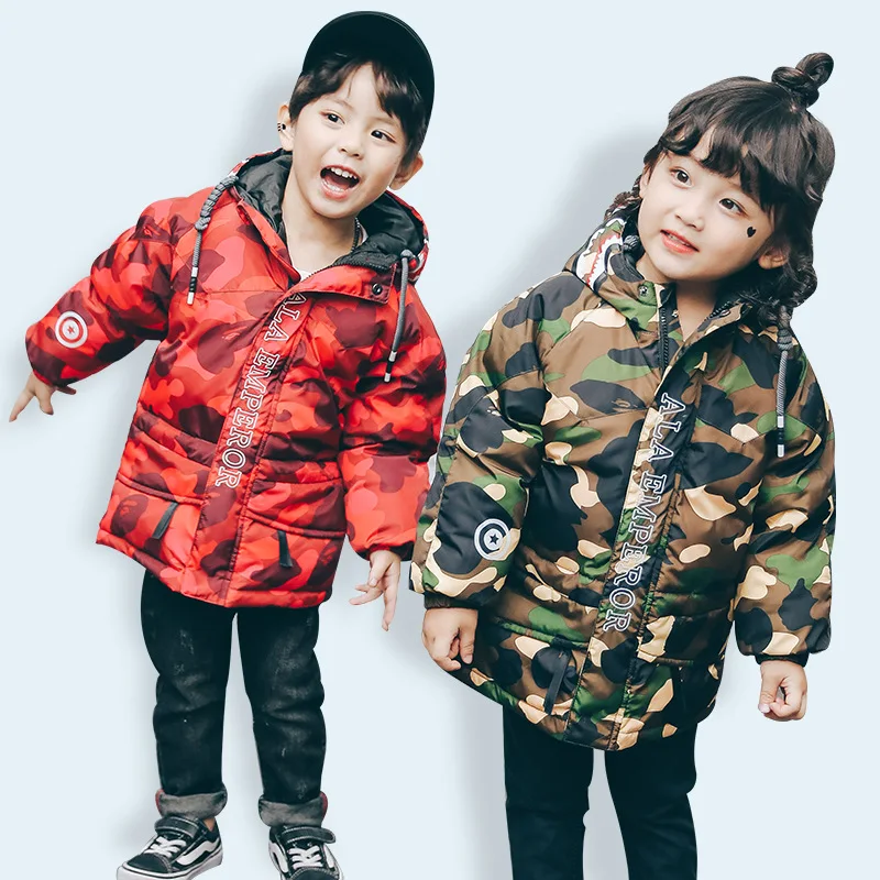 

winter children's clothing long sleeved letter white duck down detachable cap zipper medium long down jacket camouflage coat