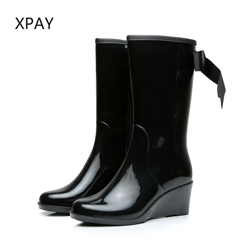 

Rain Boots Women wellies with Zipper Slope-heeled Rainfall Shoes High-heeled Gumboots Slip-proof Galoshes Warm Water Shoes