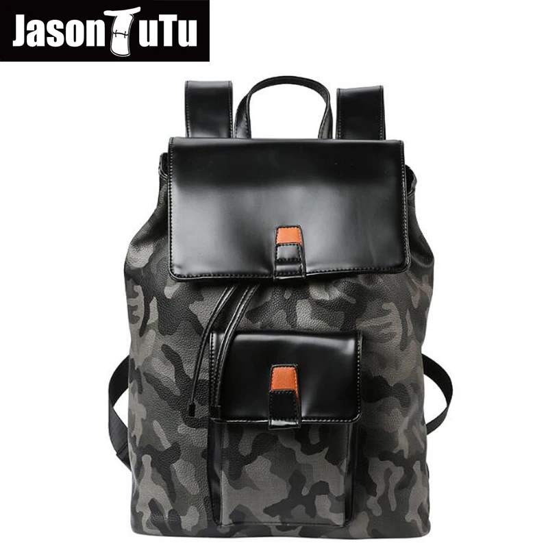 

JASON TUTU Men's backpack Vintage Camouflage PU Leather Backpack Clamshell Pumping belt double Shoulder bag good quality B268