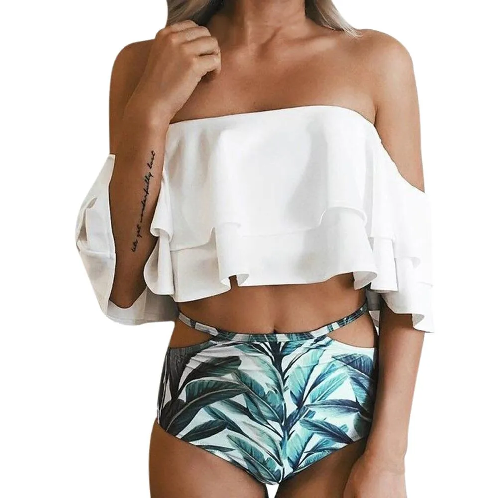 

2 Piece Women Printed leaves Bikini Set Ruffle Bandaue Bikini 2018 Push-Up Padded Bathing Suit Swimwear Swimsuit Female ma9