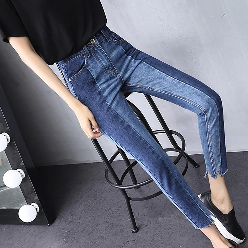 

2019 Fashion Ripped skinny Jeans Woman High Waist Patchwork Jeans For Women Plus Size Blue Denim Mom Jeans Ladies Pants Trousers