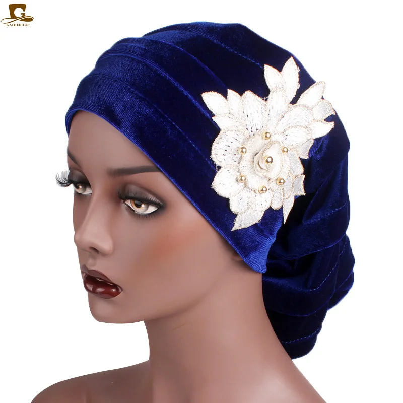 

New Velvet Pleated Stretch Turban Dreadlock Sleeping Cap Baggy Hat for Hair Loss Women Headwrap Slouch Caps Hair accessories