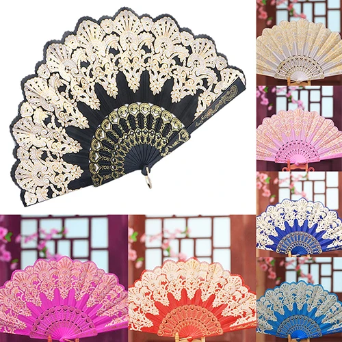 Folding Hand Fan Vintage Chinese Ethnic Style Golden Tone Hand Held Flower Fan