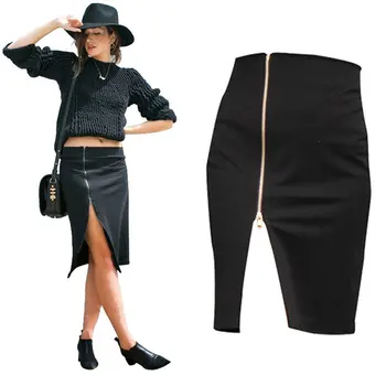 

Women Skirts 2017 Spring Autumn Front Zipper Slit High Waist Skirt Black Ladies Office Knee-Length Pencil Split Shirts S-4XL