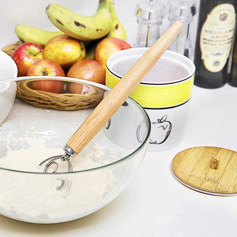 Kitchen Dough Whisk Wire Mixer Pastry Stainless Steel Bowl Contoured Blending Wooden Handle Craft Bread Making Multifunctional