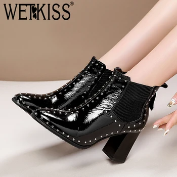 

WETKISS Patent Leather Ankle Women Boots Autumn Pointed Toe Rivet Boot Thick High Heels Ladies Shoes New Footwear Big Size 32-45
