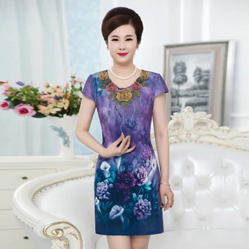 

Summer Dress Women 2019 New Slim Milk Silk Print Floral Dresses Middle-aged O-Neck Casual Short-sleeved Clothes Plus Size 5XL
