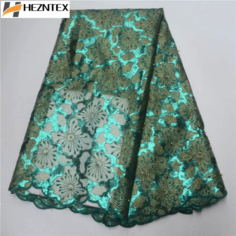 

High Quality African Lace Fabric Swiss Voile Cotton Dark Green Organza Lace Fabric With Sequins For Dresses New Arrival PSA357-1