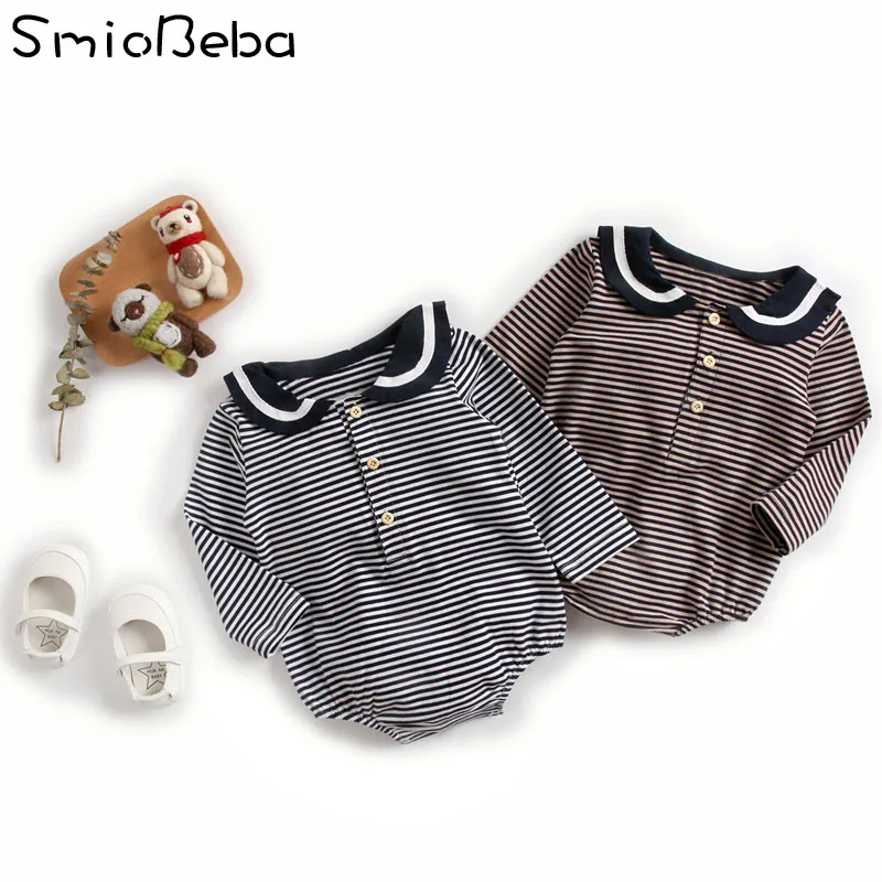 

Baby Girl Clothes Rompers Autumn&Winter Kids Boys Navy Collar Long Sleeve Romper Striped Jumpsuit Newborn Clothing Ins Rompers