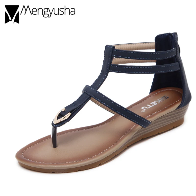 metal wedges narrow band thong sandals women big size 35 42 gladiator