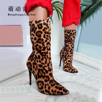 

Sexy Leopard Women Mid-calf Boots Mujer Flock Pointed Toe Thin Heels Winter Boots Female High Heels Chelsea Party Botas Shoes