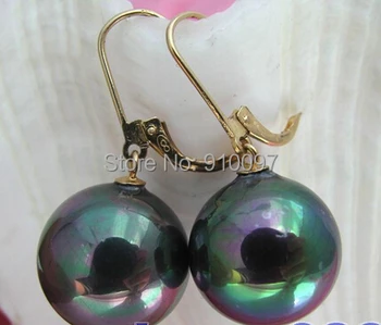 

free shipping >>>14mm round Tahitian black shell pearl dangle earring