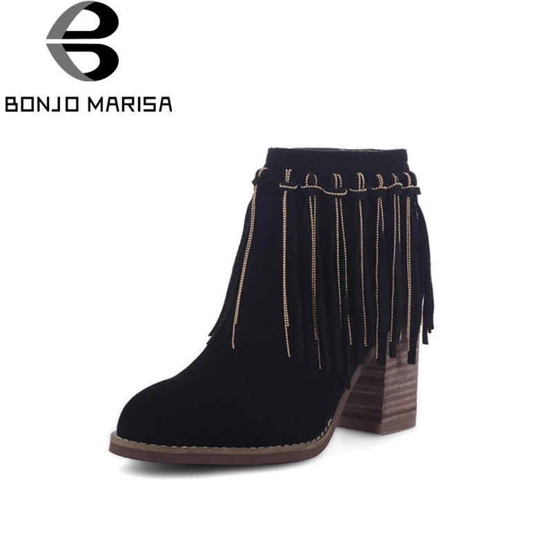 BONJOMARISA Women's Quliaty Suede Tassel Shoes Woman Chunky High Heel Platform Zipper Closure Ankle Boots Size 33-43