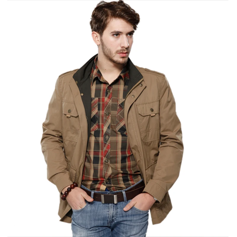 Autumn 2015 new European and American men's jacket collar multi-pocket big yards long section of thin coat | Мужская одежда
