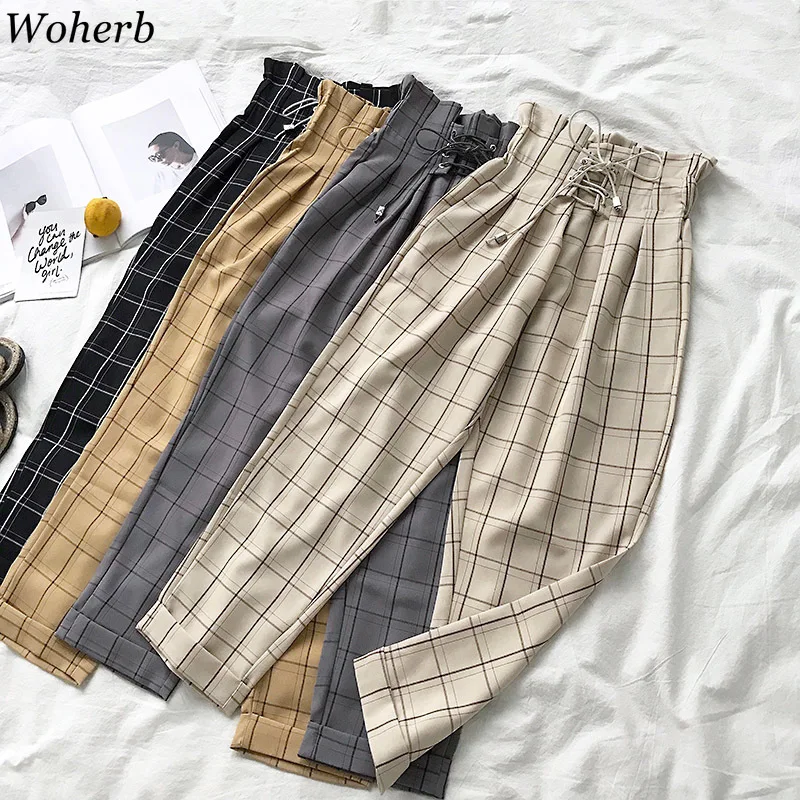 

Woherb Japanese Harajuku Plaid Harem Pants Women 2019 Modis Bandage High Waist Trousers Capri Female Vintage Casual Pantalon