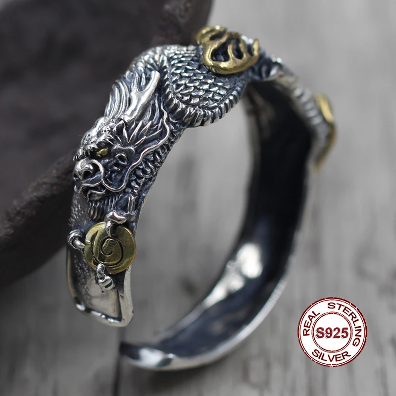 

S925 Sterling Silver Bangles Simple and generous retro Personality couple style Unique domineering carved dragon shape Send
