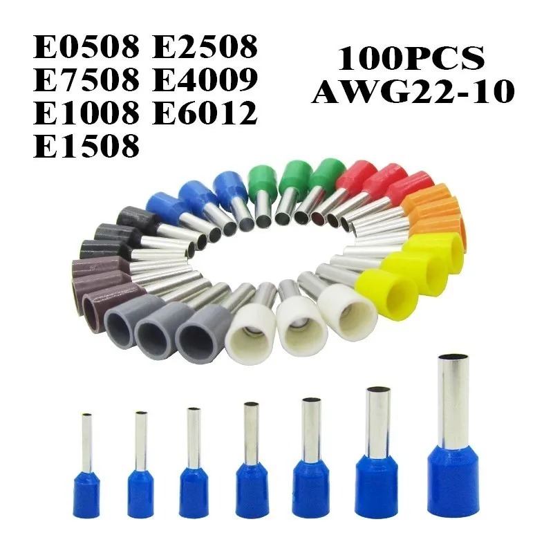 

100pcs/Pack E0508 E7508 E1008 E1508 E2508 Insulated Ferrules Terminal Block Cord End Wire Connector Electrical Crimp Terminator