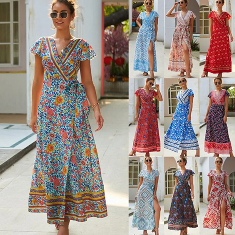 

JULY Vacation Beach Maxi Long Dress Women Sexy Indie Folk Printed Summer Dress Split Boho V-Neck Short Sleeve Bow Femme Dresses