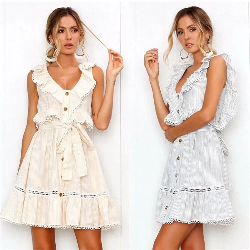 HLMFS 2018 Лето Vestidos милые v-образным вырезом в полоску с цветочным рисунком платье