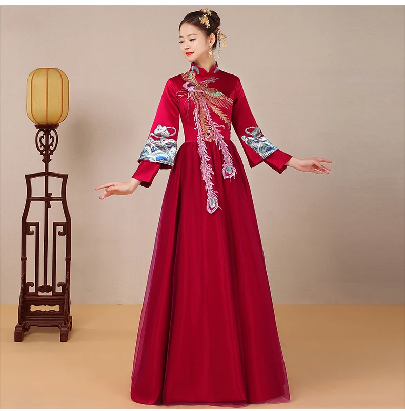 Китайский Стиль вышивкой Феникс платье Qipao Oriental невесты торжественное платье бордовый с длинным рукавом свадебное Cheongsam вечерние платья