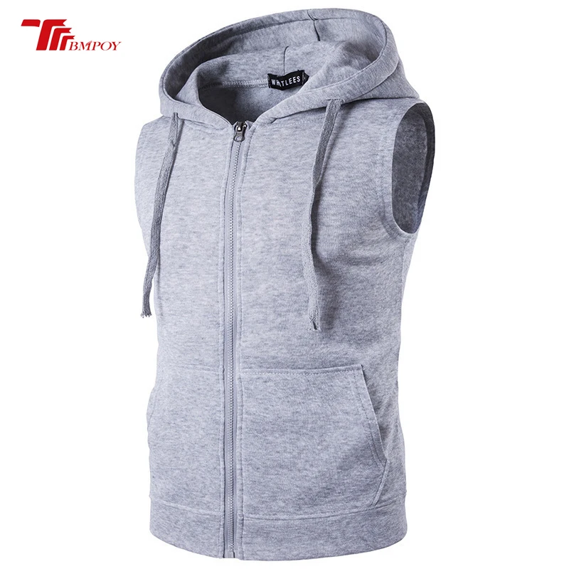 Men's fleece Men's Fashion Fleece Plain Fit Hooded Sleeveless Front Zipper Hoody Solid Vest