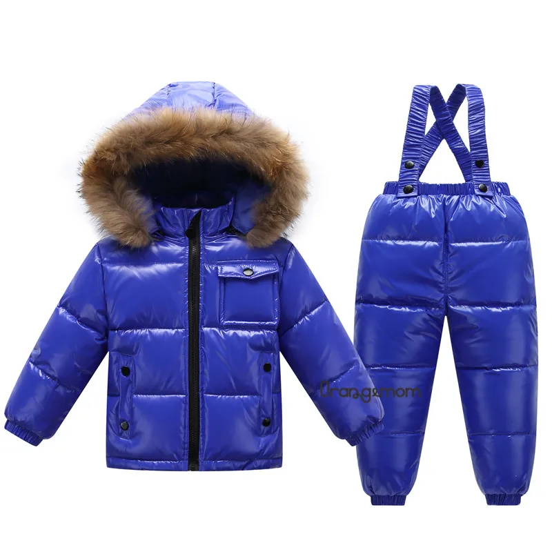 Russian winter children's clothing fashion shiny jackets for girls child coat boys winter jacket+ pant waterproof snow wear - Цвет: blue