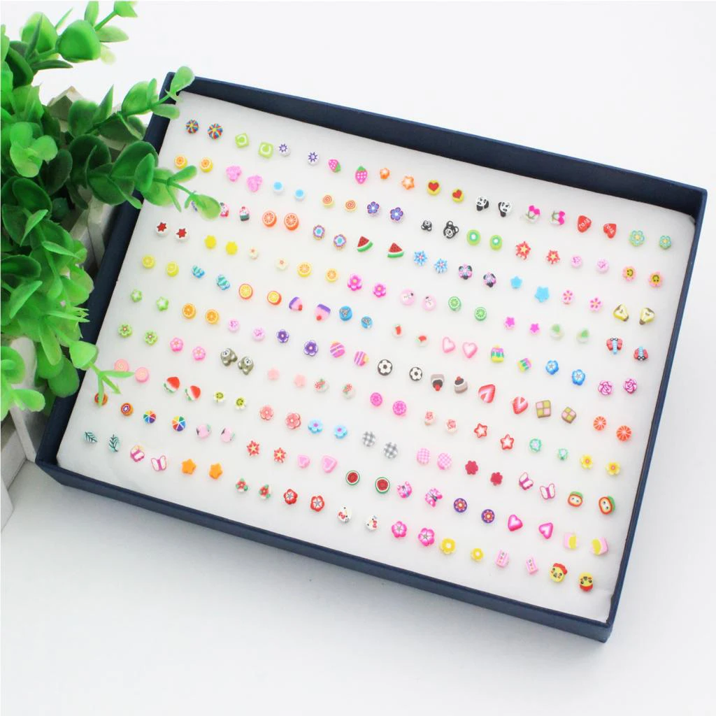 

100 Pairs Mini Cartoon Cute Fruit Flower Heart Design Earrings Ear Stud Set Assorted Bulk