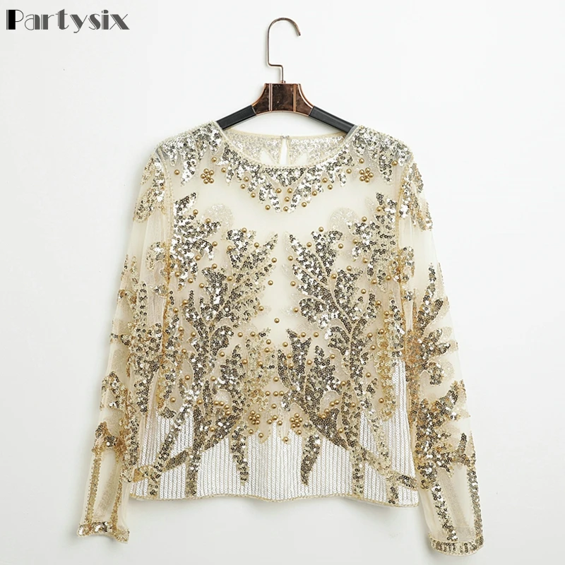  Partsix Sexy Sequined embroidery Gold Flower Shirt shiny Transparent gauze Heavy Beading Blouses