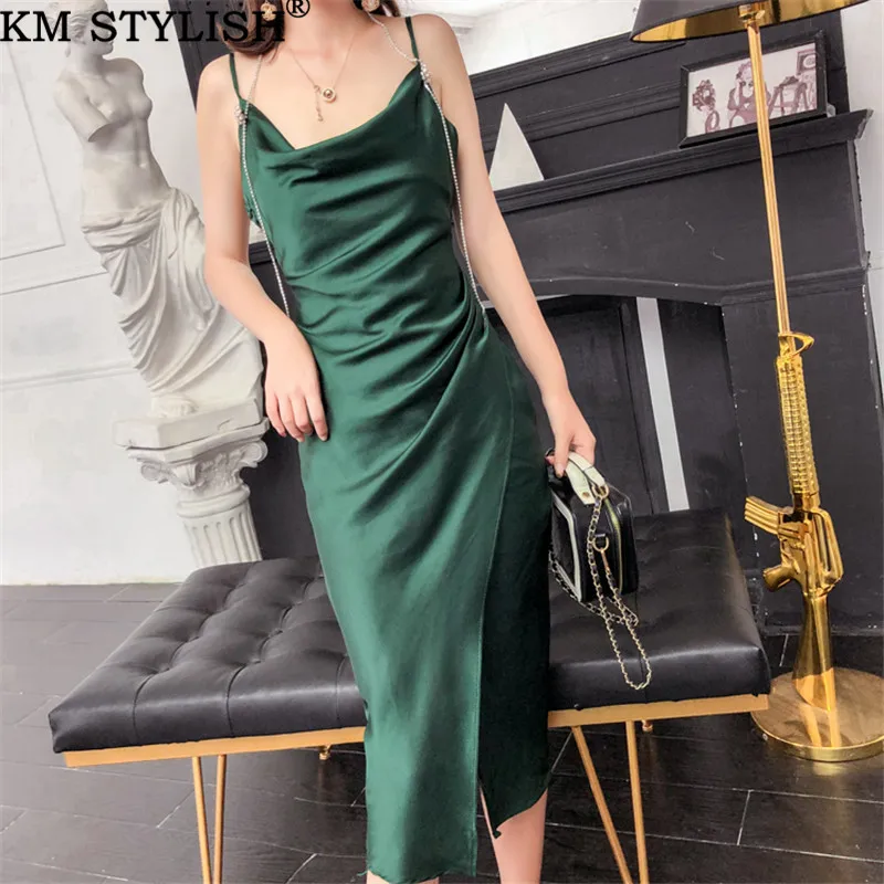 

Summer 2019 New Spaghetti Strap Dress Female New Medium Long Open Backless Pleated Split Satin Diamond One-piece Dress