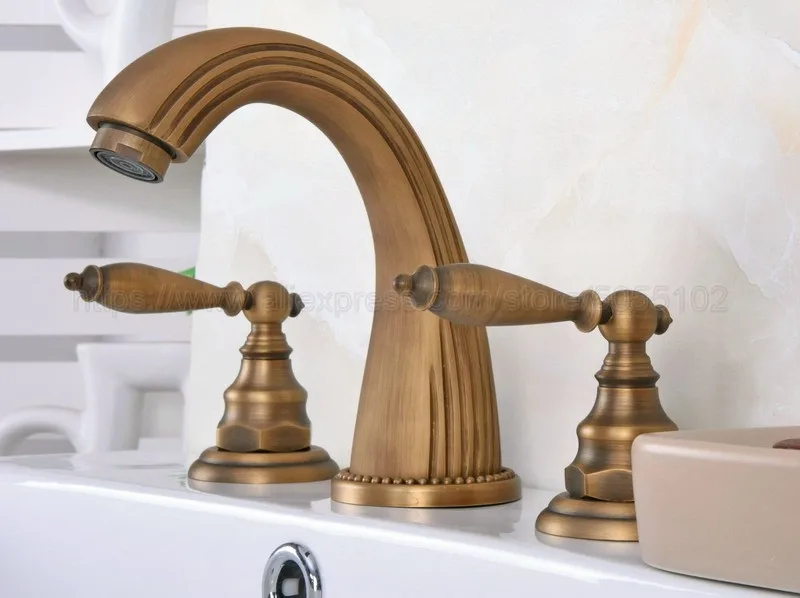 3 Hole Antique Brass Deck Mounted Bathroom Mixer Tap Bath Basin Sink Vanity Faucet Water Tap Bath Faucets zan069
